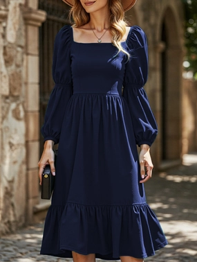 Solid color A-line casual long-sleeved dress Versatile Style Chill Fashion