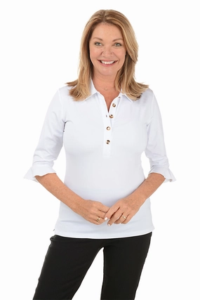 Button Down Collar Style Solid Mira Ruffled 3/4 Sleeve Top