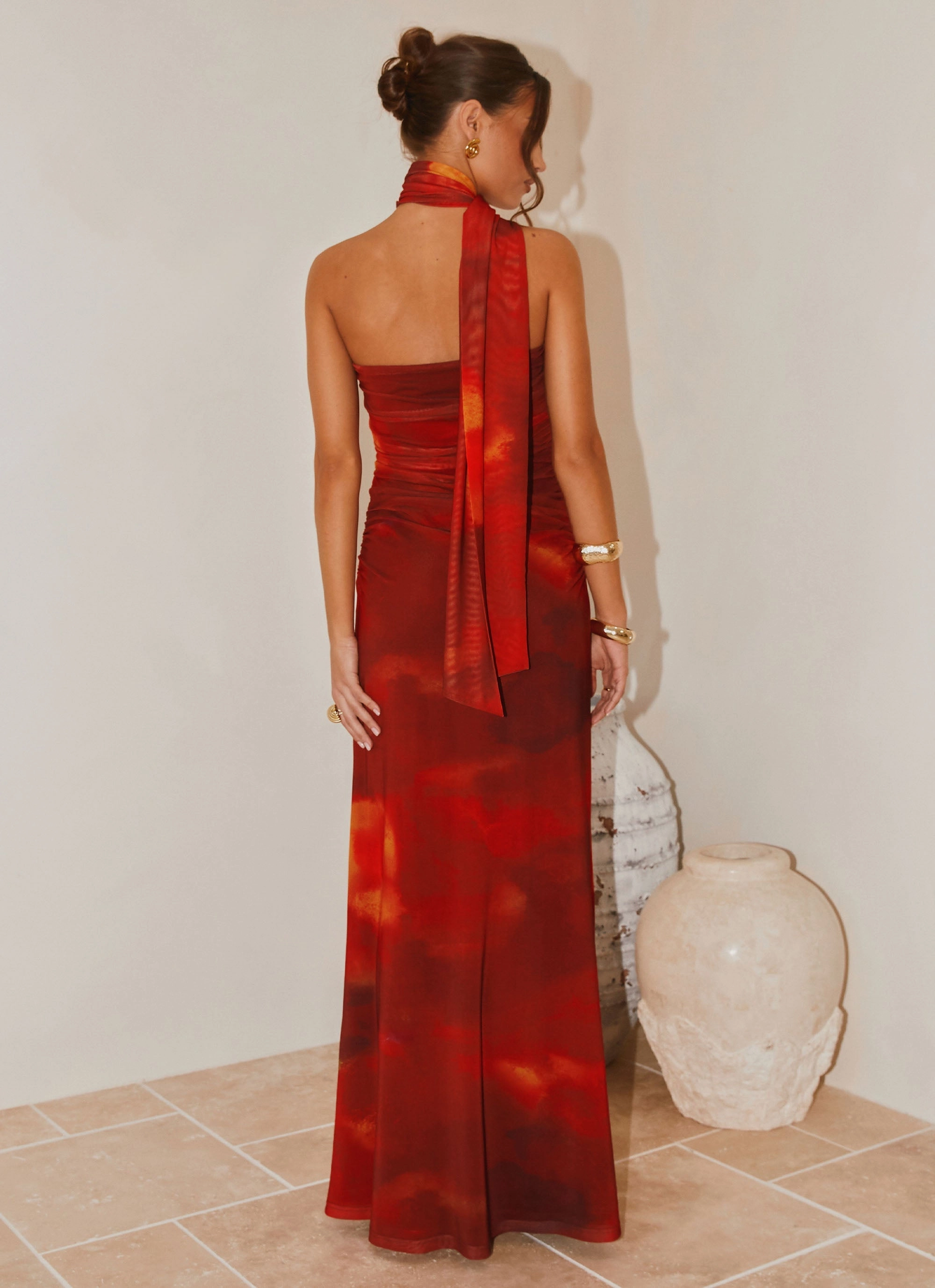 windproof Statement Neck Songbird Maxi Dress - Scarlet Blur