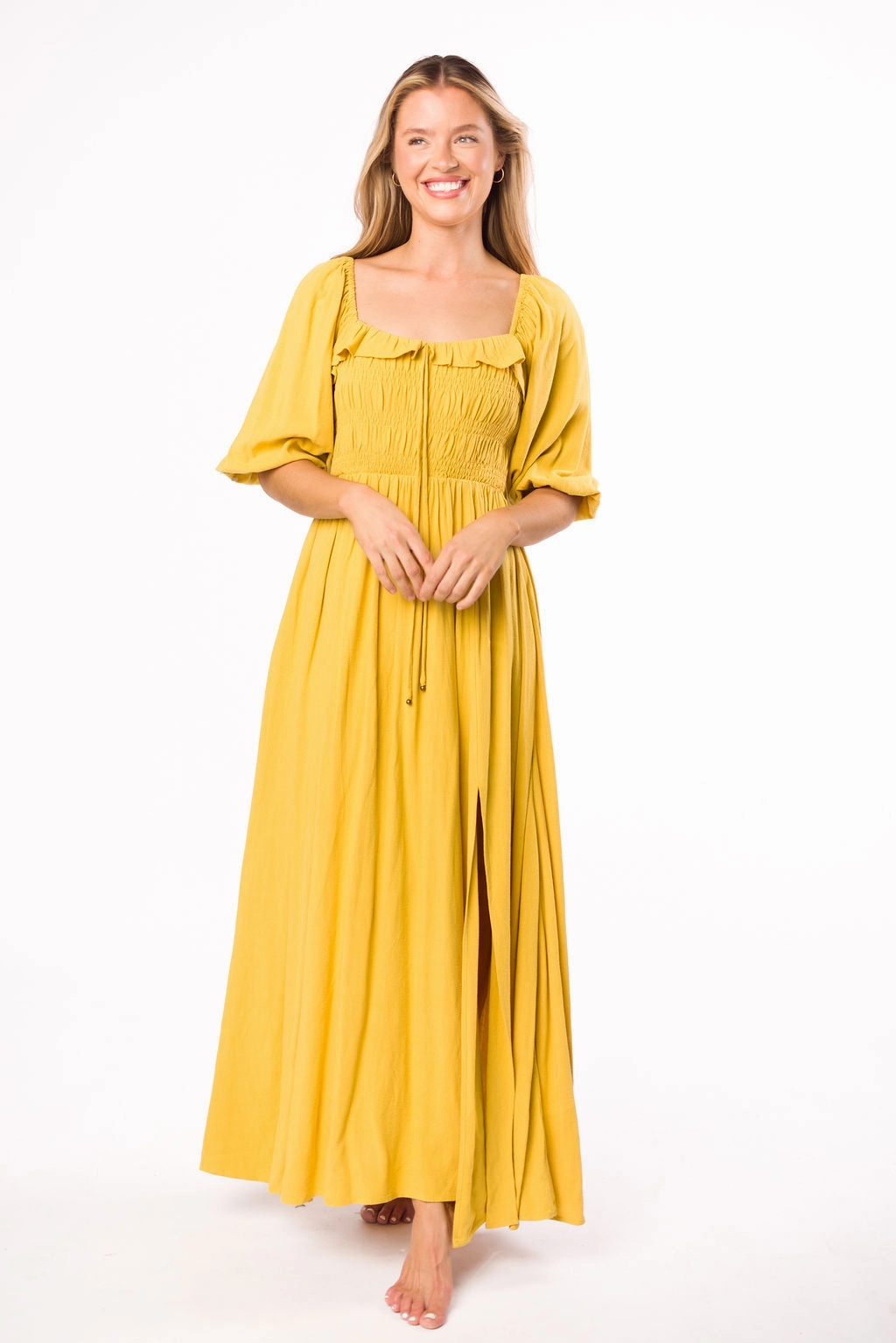 Devon Smocked Maxi Dress in Mustard - Bump Friendly *Final-Sale* Long Lines Modern Fit