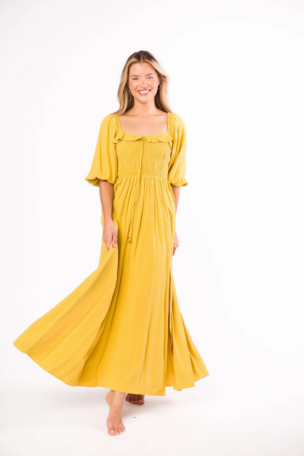 Devon Smocked Maxi Dress in Mustard - Bump Friendly *Final-Sale* Charming Style Event Perfect