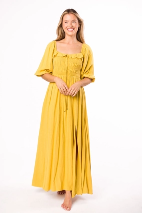 Devon Smocked Maxi Dress in Mustard - Bump Friendly *Final-Sale* Long Lines Modern Fit