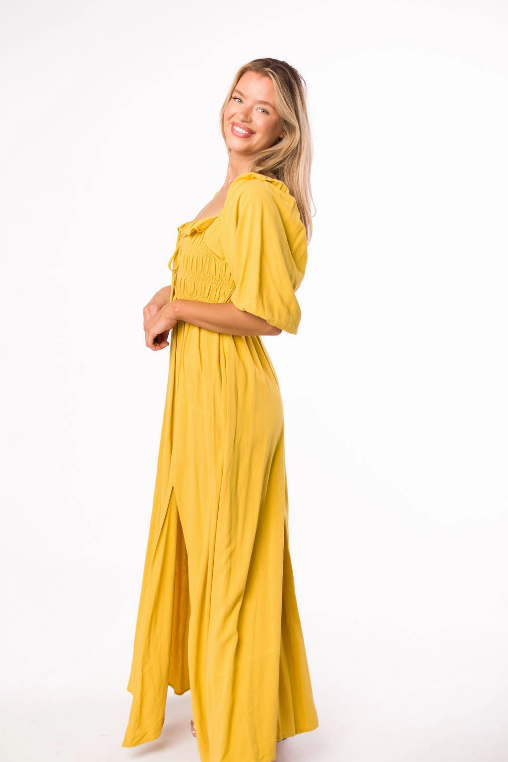 Smart Waistband Fit Devon Smocked Maxi Dress in Mustard - Bump Friendly *Final-Sale*