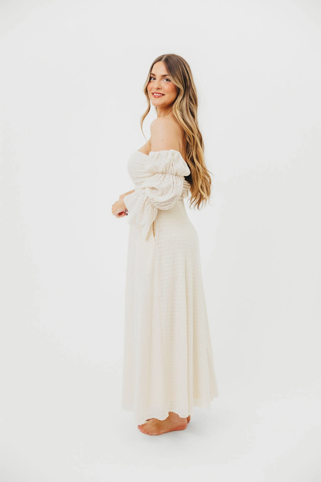 Street Flex NoiseFreeFabric Corrine Tiered Sleeve Maxi Dress in Ivory Cream