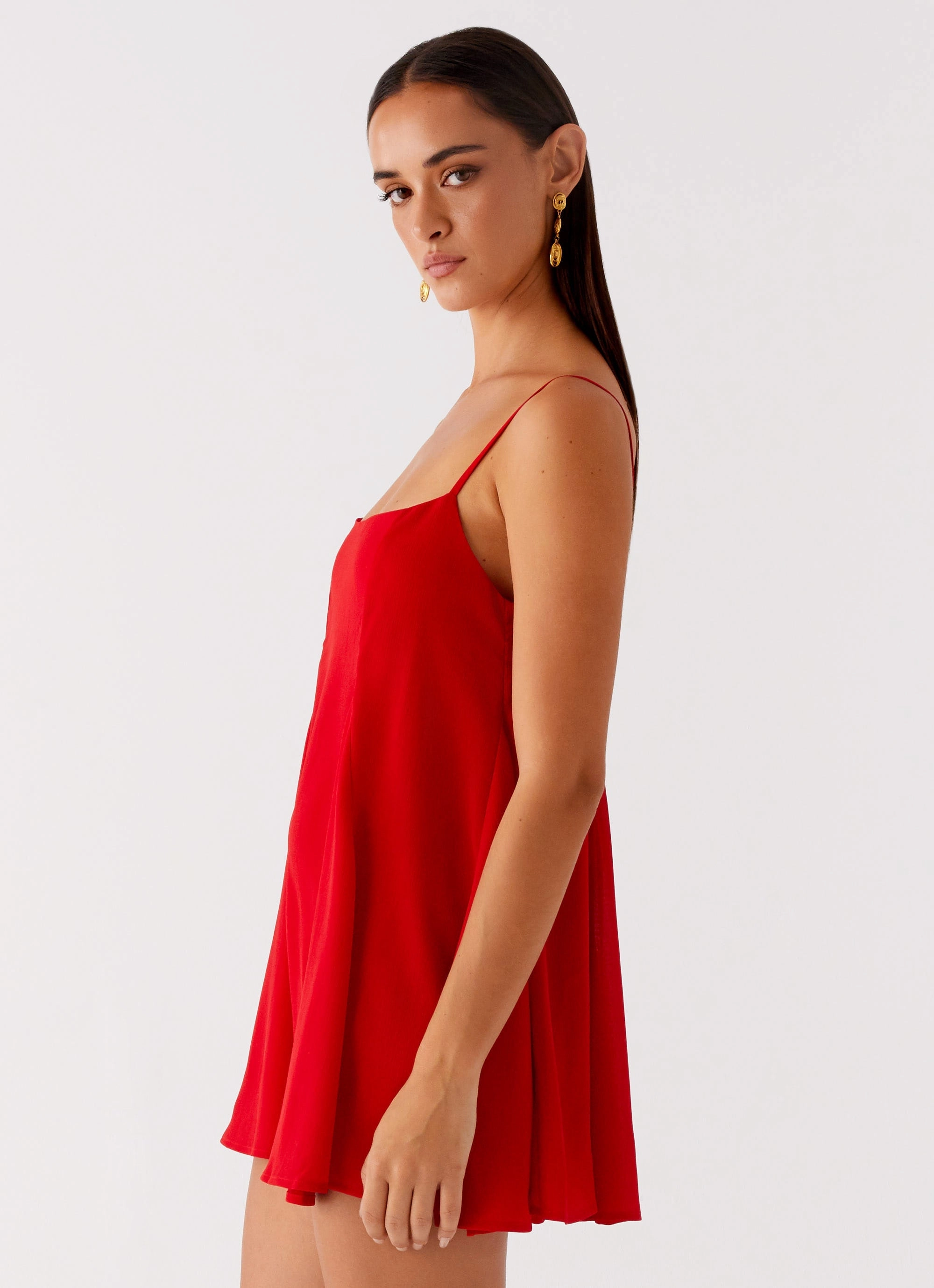 Godets Hem Mini Dress - Red Flattering Waist Fit Olive Fresh