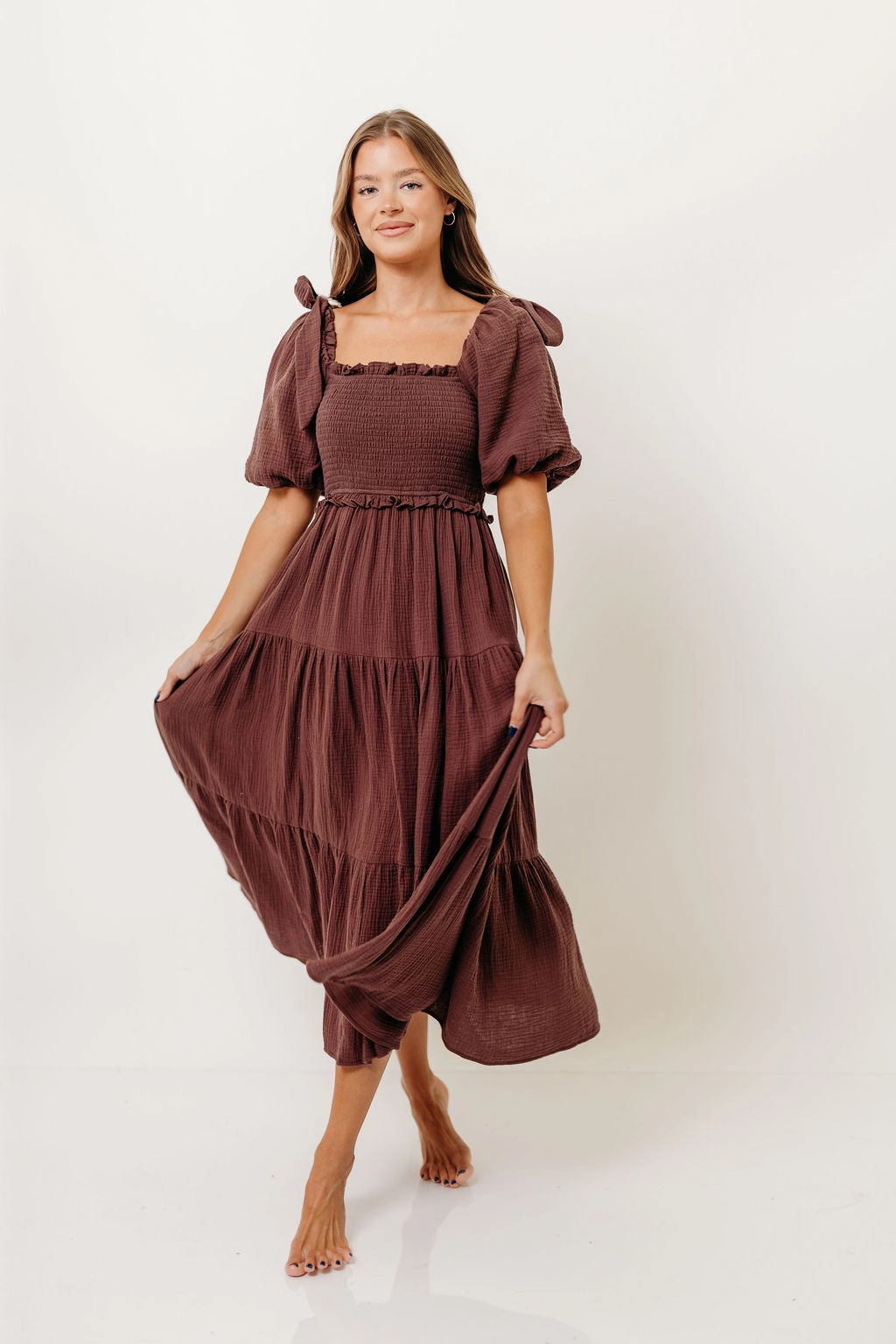 Photo Bright City Friendly Elena 100% Cotton Midi Dress in Plum *10/6 PRE-ORDER*