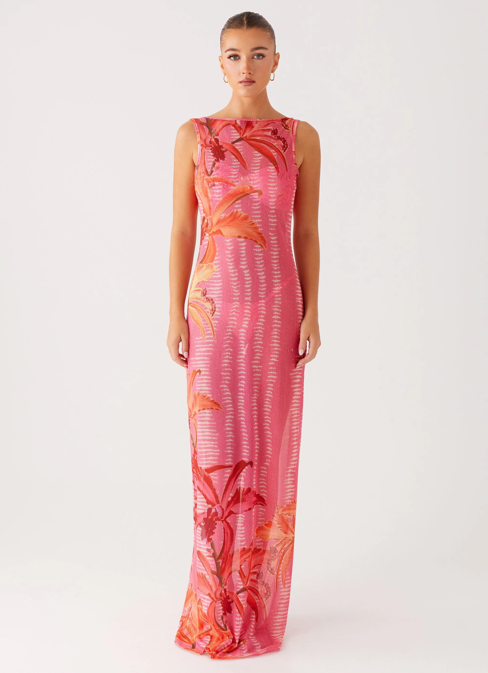 Sorella Maxi Dress - Tropical Pink Print Sleek Cut