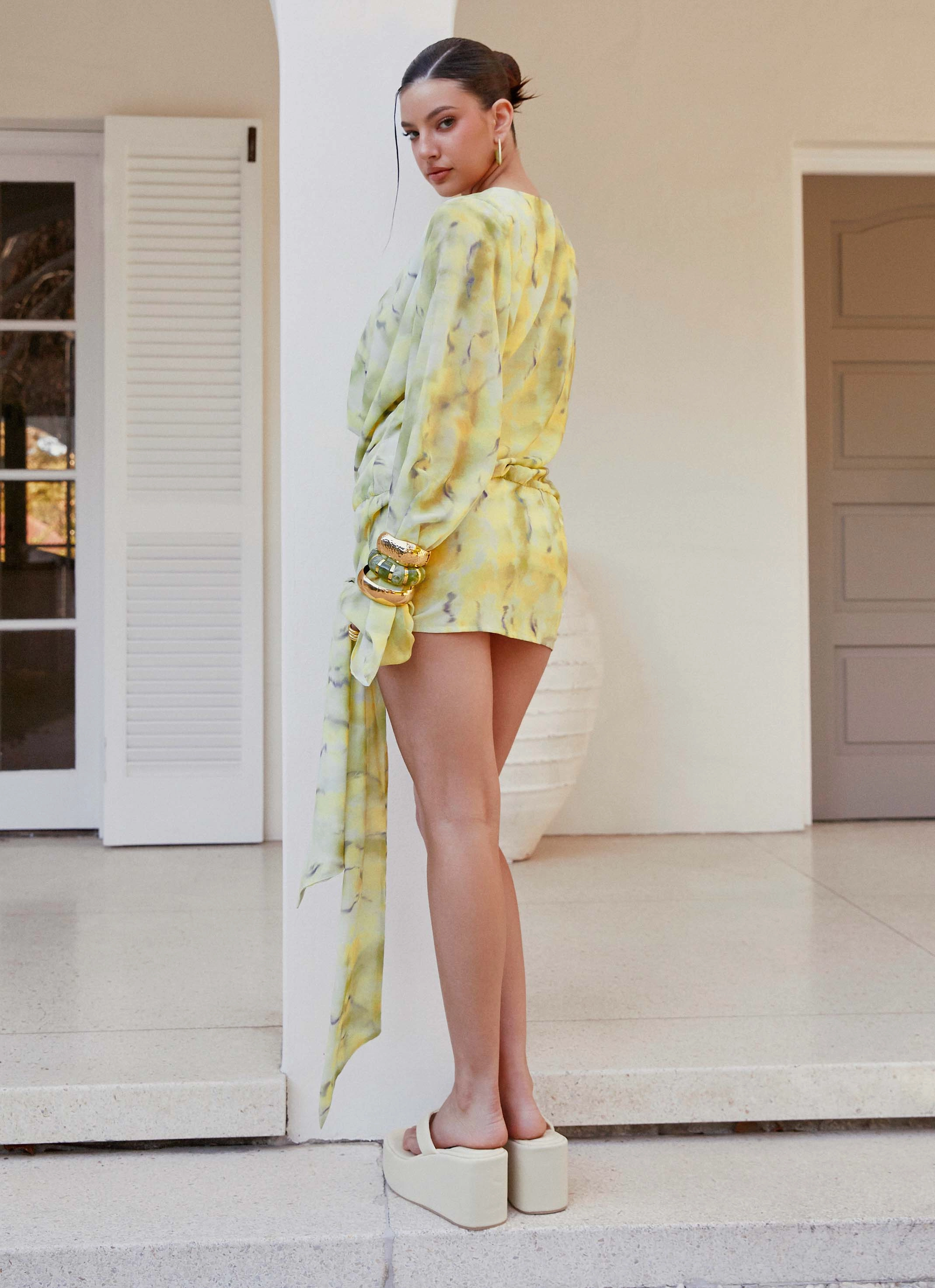 Sophisticated Wear Timeless slip dress Sorrel Long Sleeve Mini Dress - Yellow Tie Dye