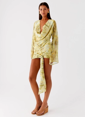 Sorrel Long Sleeve Mini Dress - Yellow Tie Dye All Season Style Curve-Enhancing