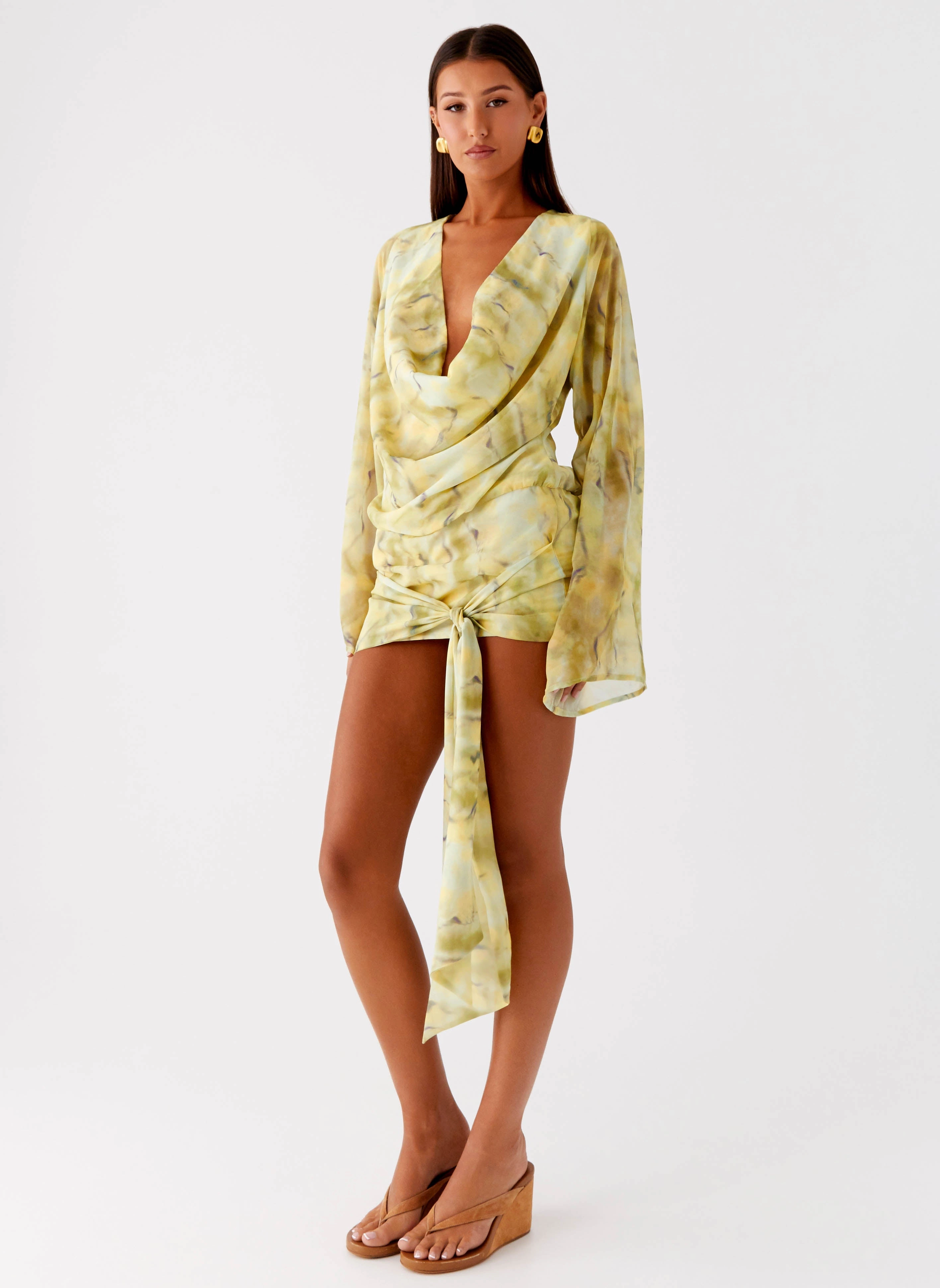Sorrel Long Sleeve Mini Dress - Yellow Tie Dye All Season Style Curve-Enhancing