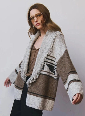 Southwest Fringed Shawl Collar Throw Brownie/Neutral WrinkleFree Weave Recycled Fiber Blend