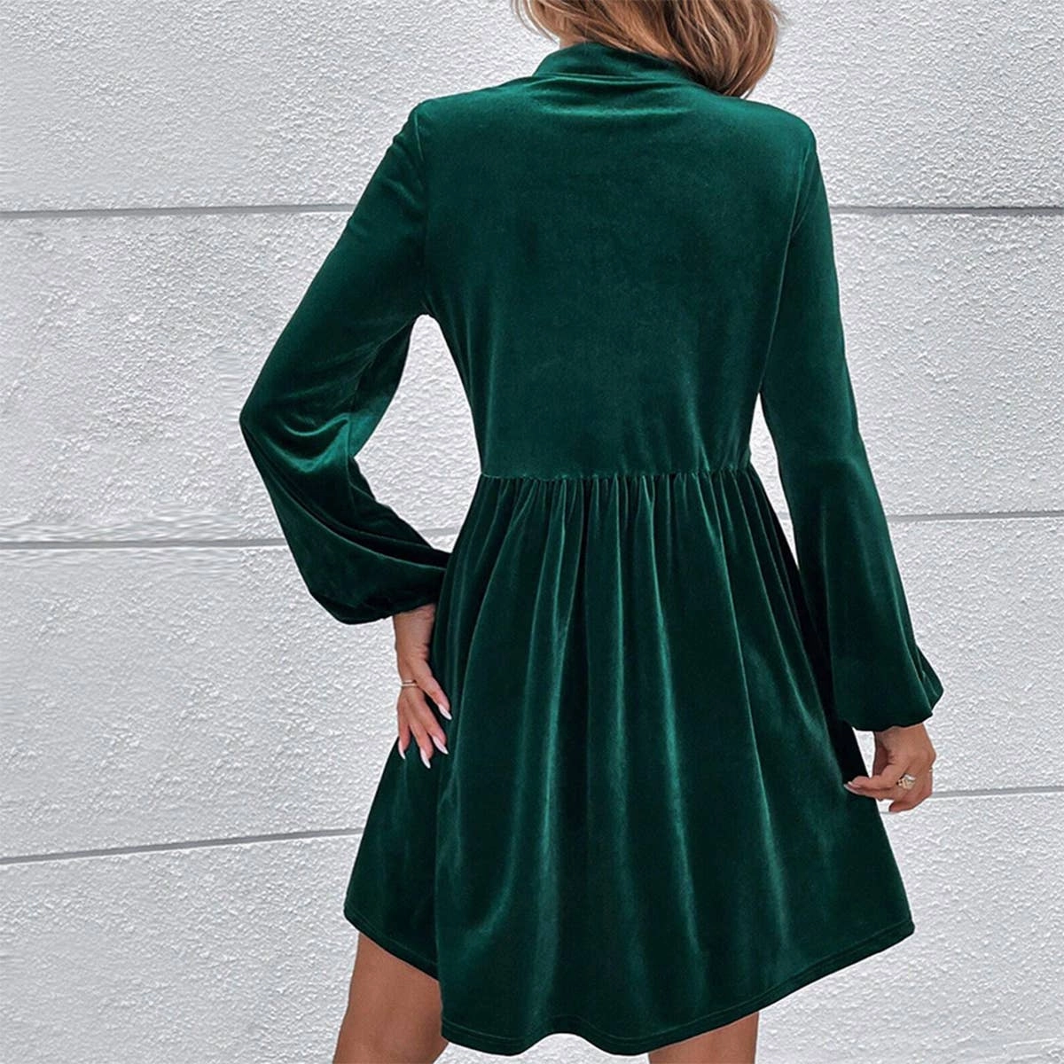 Elegant Look Layer Safe BUBBLY LONG SLEEVED V NECK LACE UP VELVET DRESS_CWDSD3235