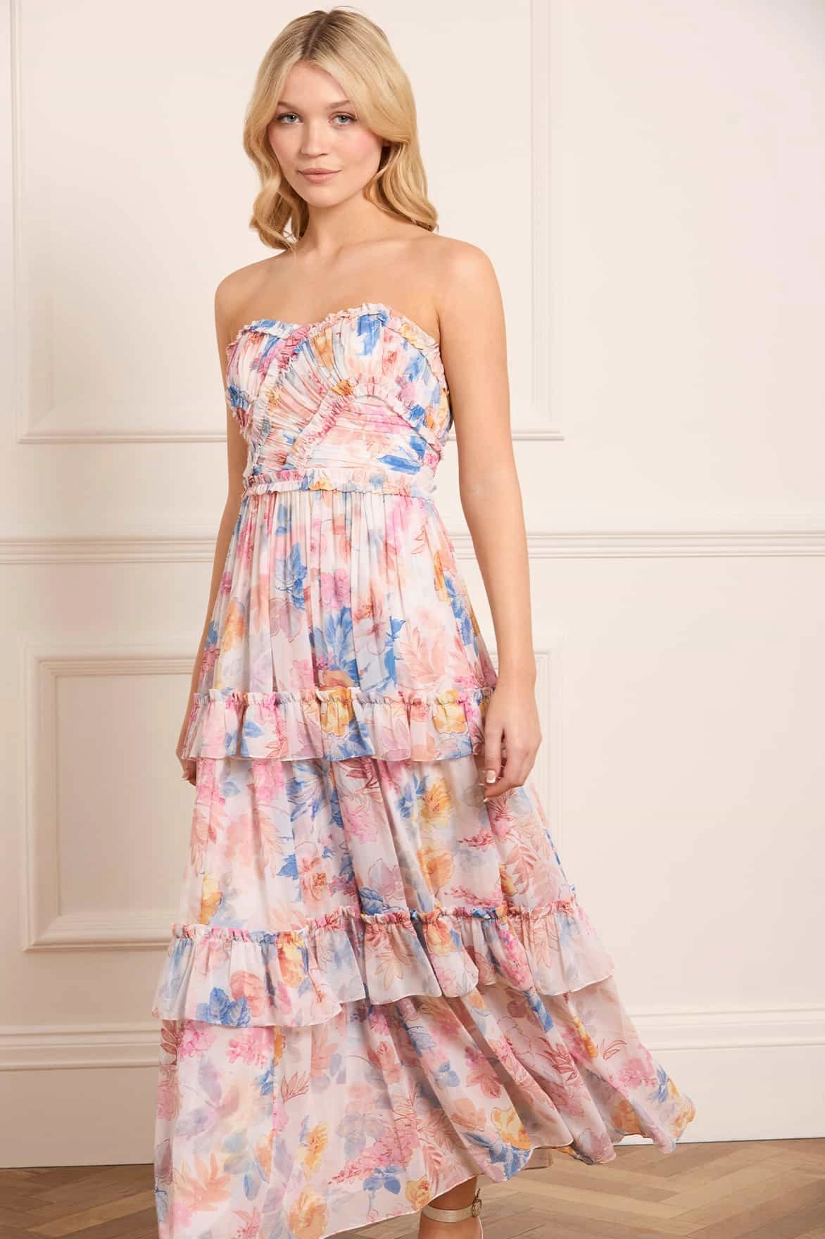 Mariannes Floral Chiffon Strapless Ankle Gown Lined interior