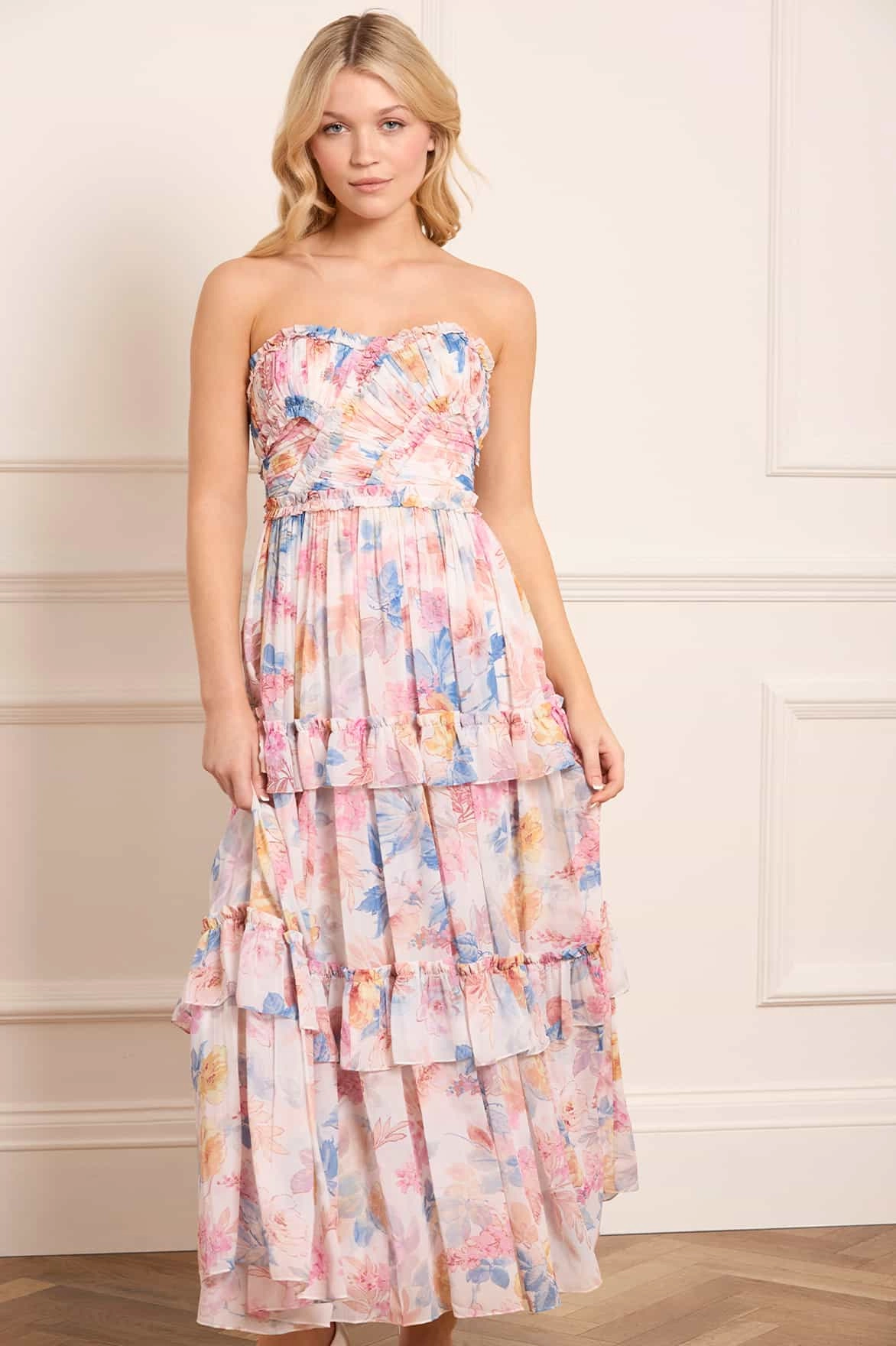 Nature Bloom Perfect Mood Mariannes Floral Chiffon Strapless Ankle Gown