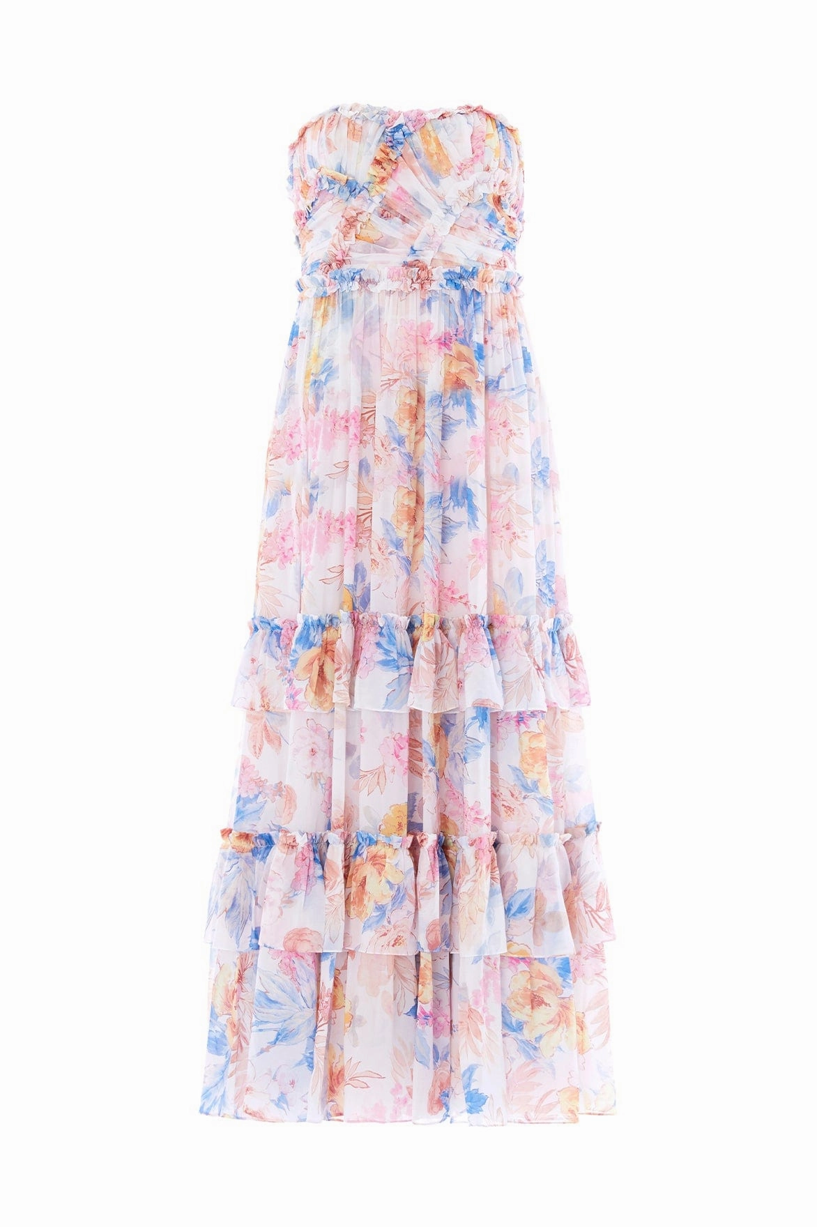 Party Safe Comfy Comfort Mariannes Floral Chiffon Strapless Ankle Gown