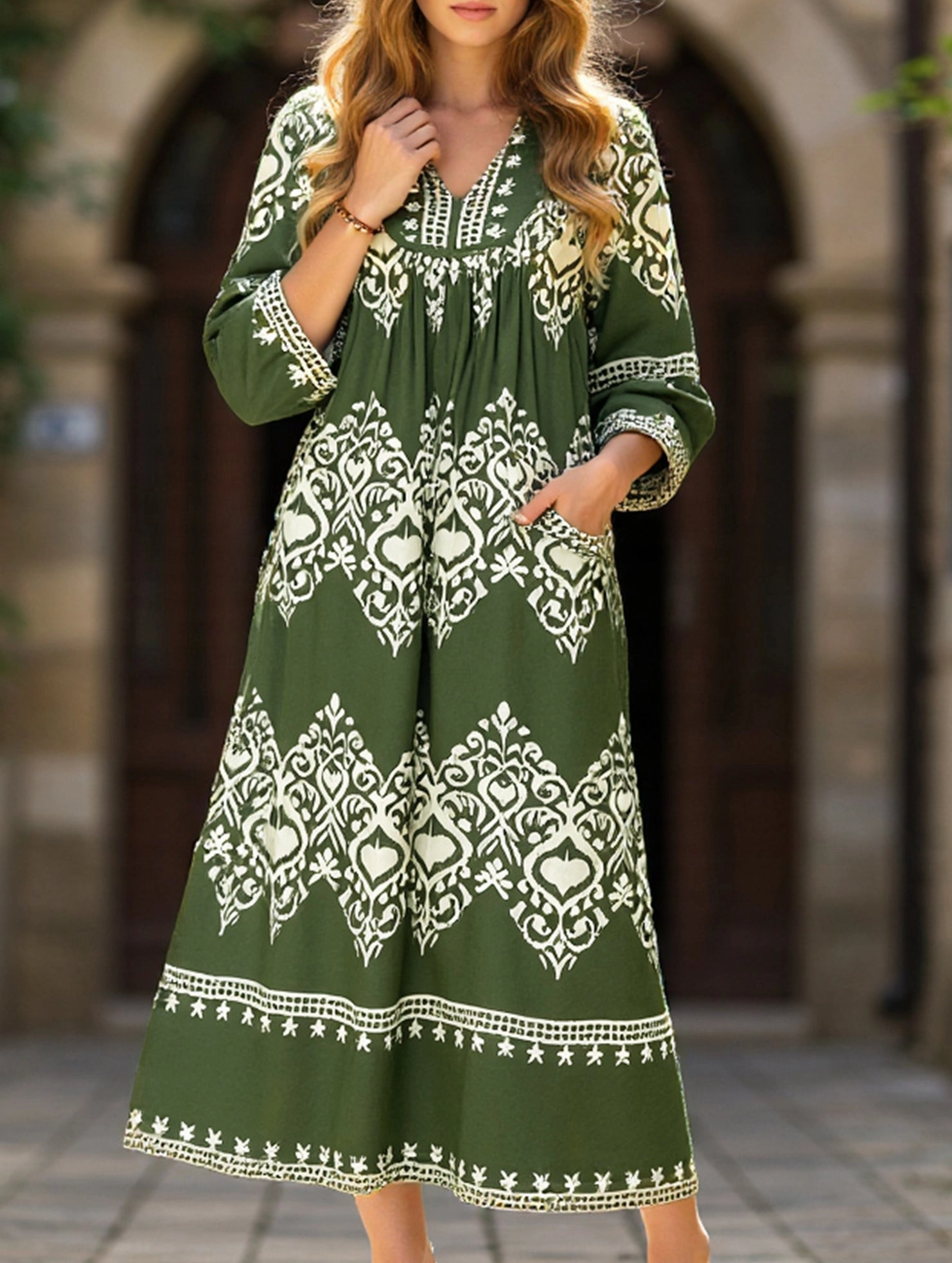 Wedding-Guest Casual Style Ethnic style geometric print loose dress