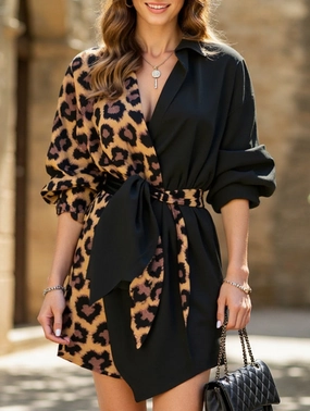 Slit Detail Classic Edge Leopard print tie-sleeve shirt dress