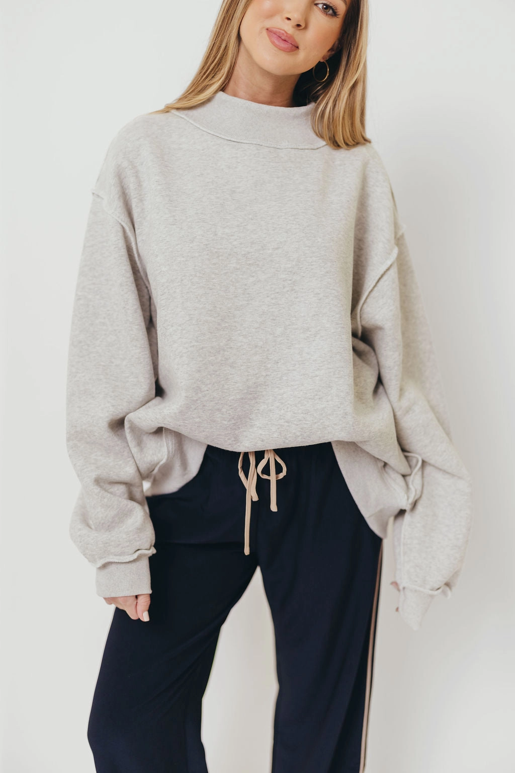 Sparrow Reversible Mock Neck Sweatshirt Top in Heather Grey Relaxed Hoodie Formal Blouse