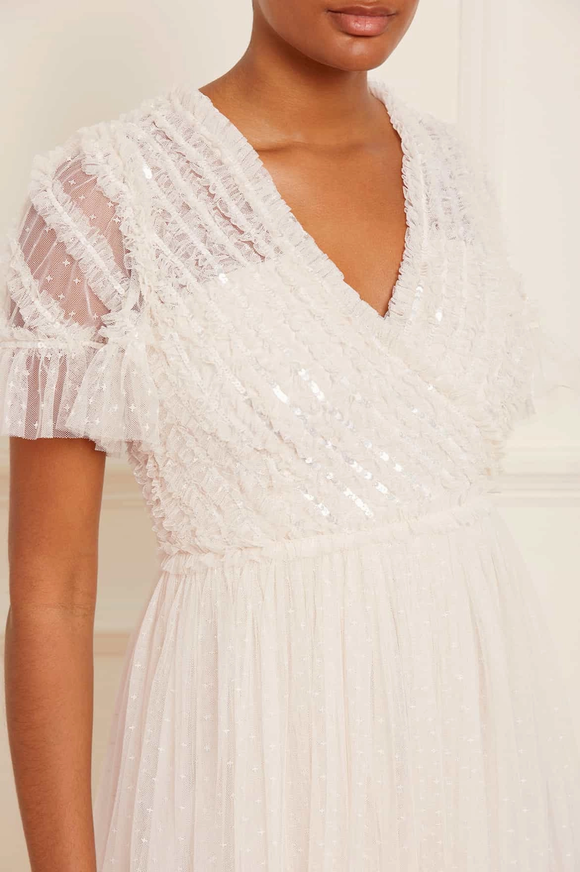 Spiral Sequin Bodice V-Neck Ankle Gown Comfortable Waist Design Fit