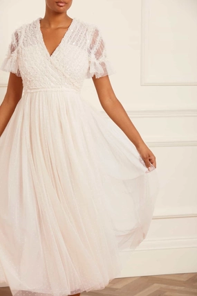 Spiral Sequin Bodice V-Neck Ankle Gown Layered Volume Smooth Flow