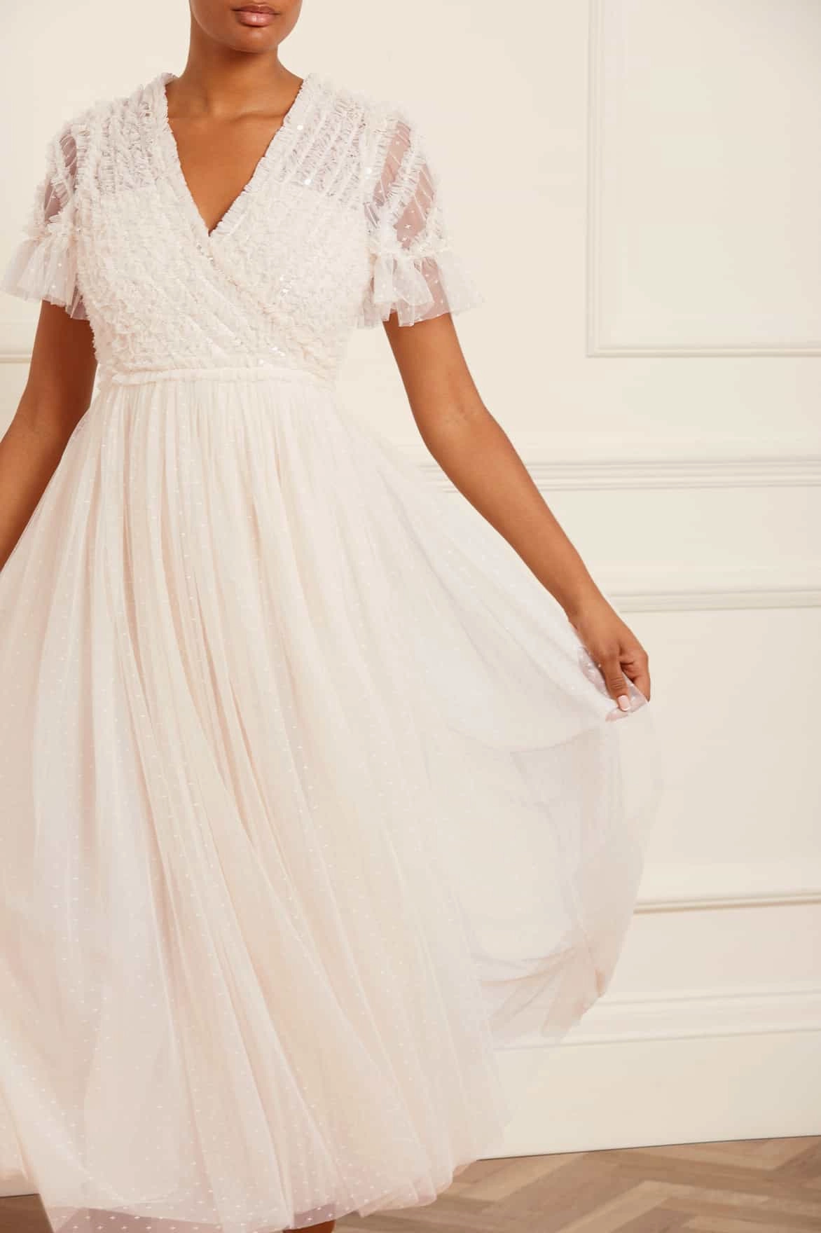 Spiral Sequin Bodice V-Neck Ankle Gown Layered Volume Smooth Flow