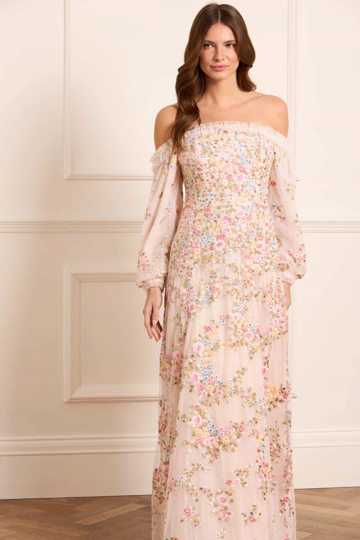 Bold Patterns Wardrobe-Staple Lunaria Wreath Off-Shoulder Long Sleeve Gown
