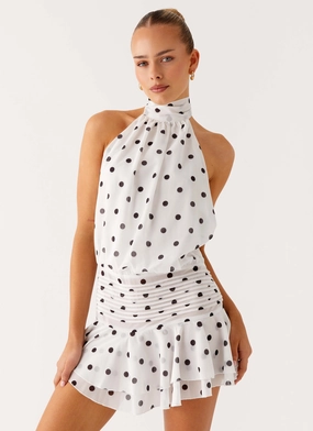 Sleek Drape Willow Chiffon Mini Dress - White Polka Dot