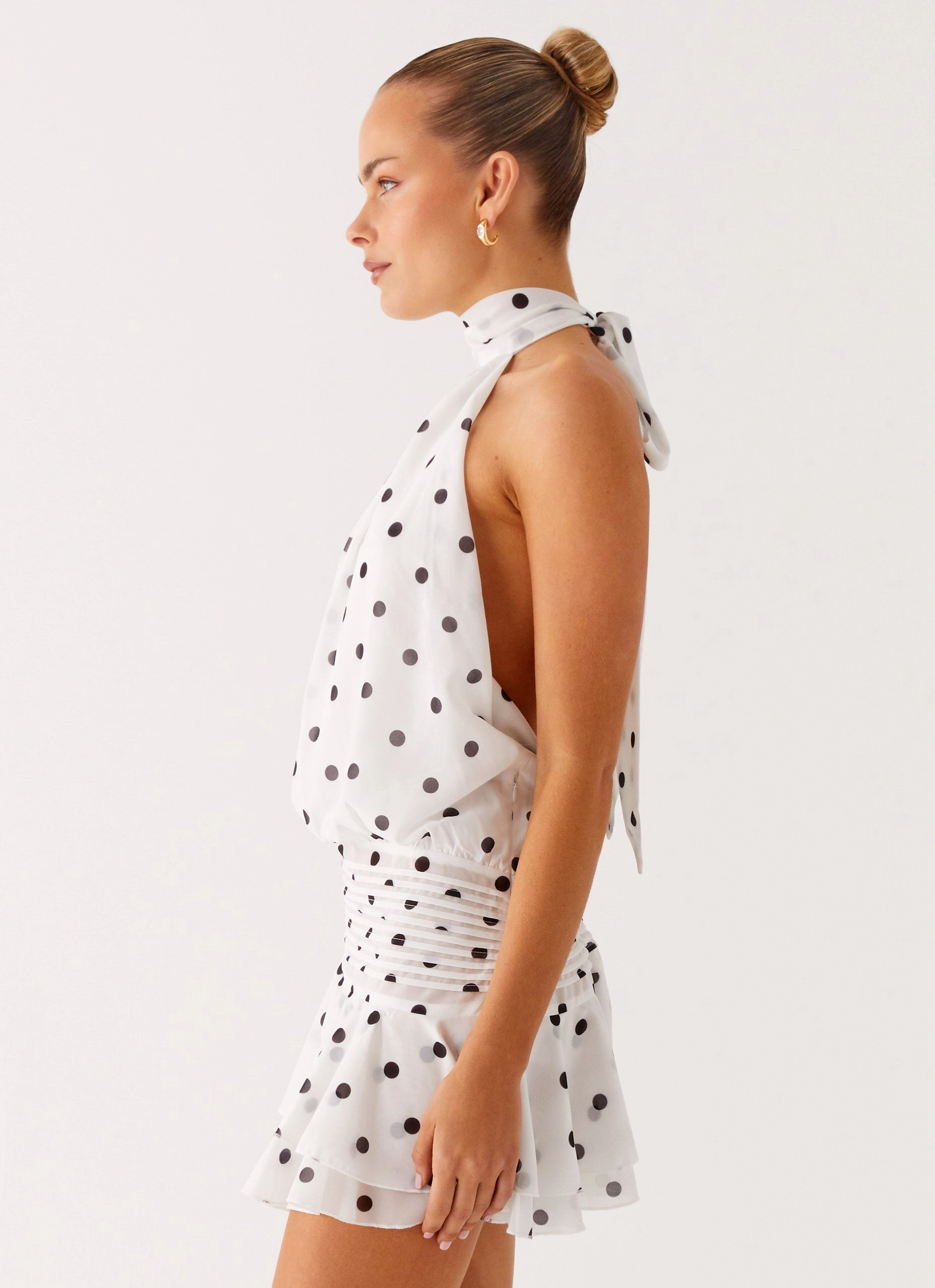 Smart Waistband Fit urban vibe Willow Chiffon Mini Dress - White Polka Dot