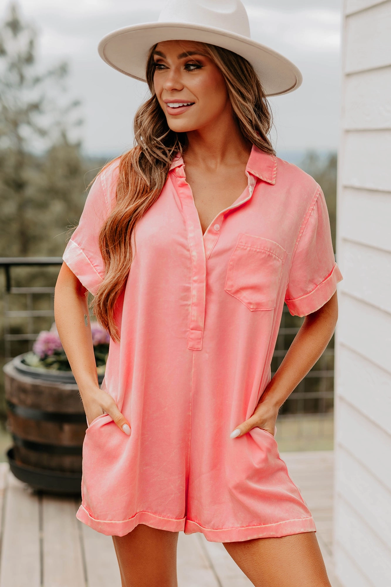 Versatile Layering Cozy Spell Mineral Wash Zenana Romper (Dark Pink)
