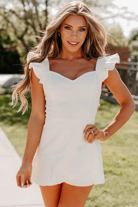 Back pockets Spotted In Soho Ruffled Denim Romper (White)