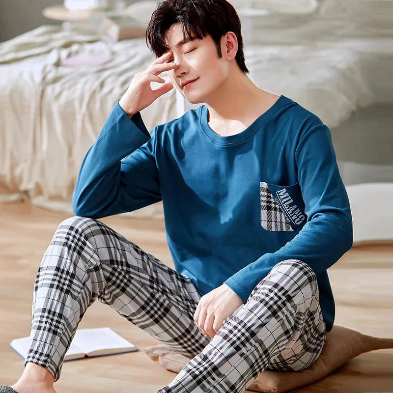 Spring Autumn Plus 5XL Knitted Men's Sleepwear Letter Lattice Pajamas Plaid Pajamas Sets Casual Loungewear Pyjamas Night Fashion