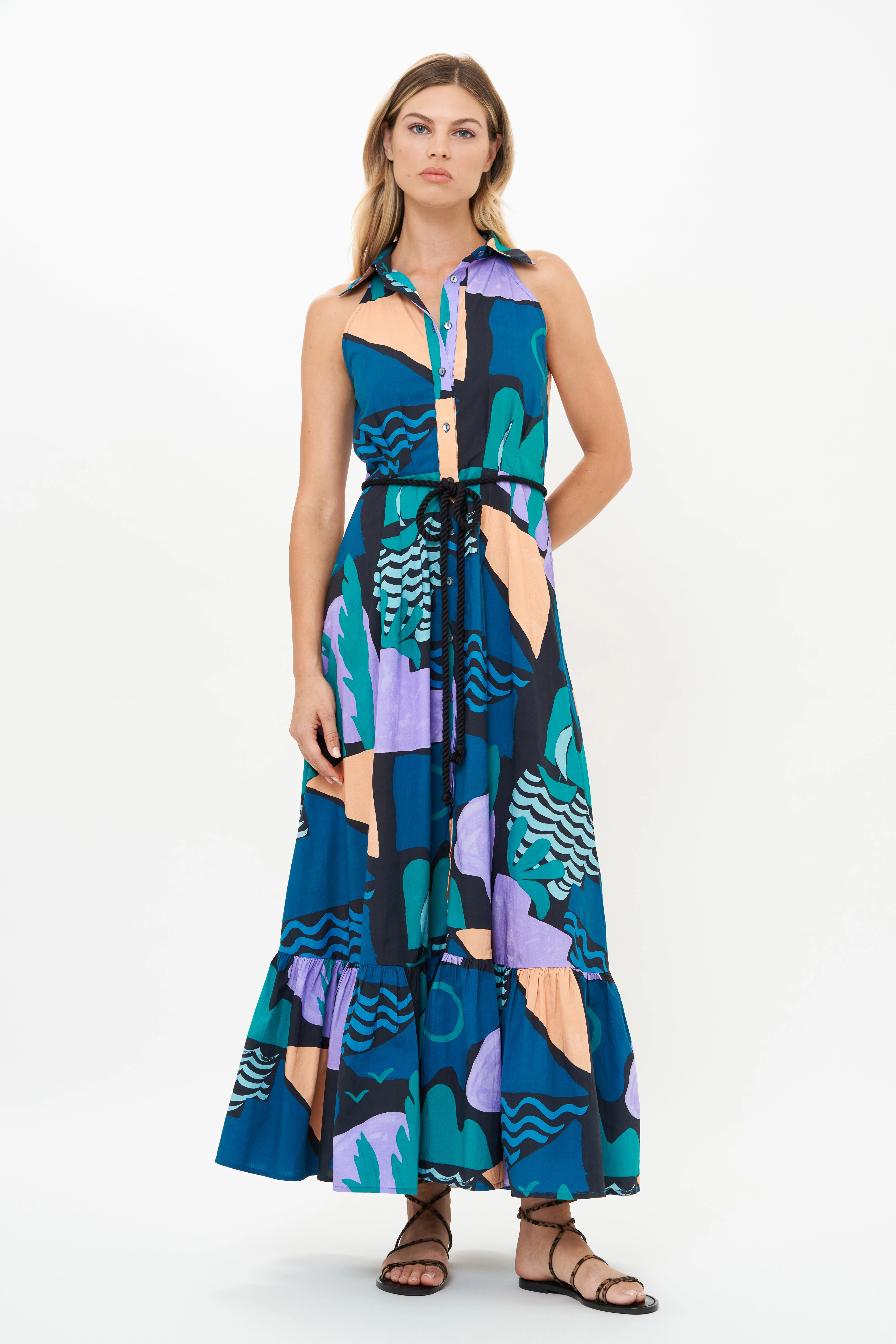 Sleeveless Shirt Dress Maxi Riviera Blue Gentle Drape