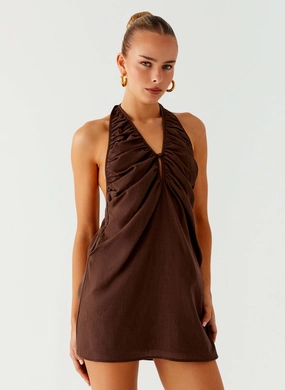 Jepsen Halter Mini Dress - Chocolate Graceful Ease Breezy Style