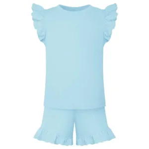 SS23 Loungewear - Girls Blue Cotton Anglaise Shorts & T-Shirt Set 7-8yrs