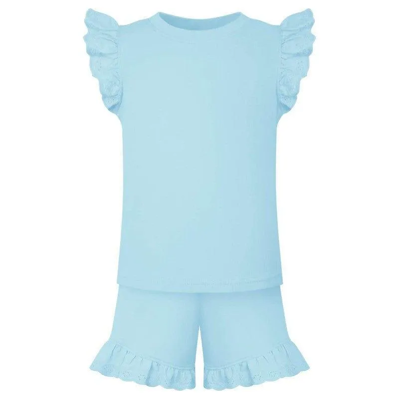 SS23 Loungewear - Girls Blue Cotton Anglaise Shorts & T-Shirt Set 7-8yrs
