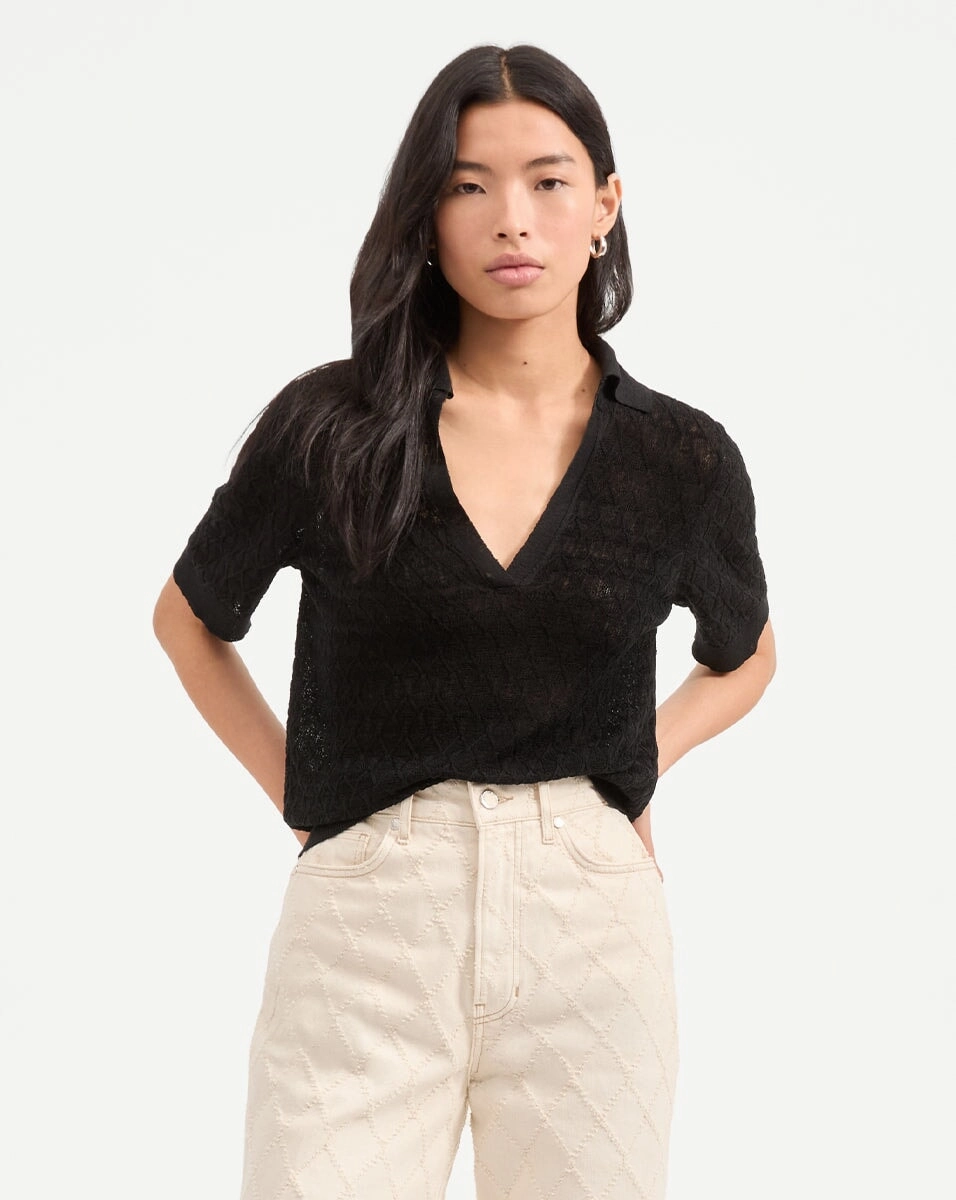 Issa Knit Polo Black Layered Panel Design