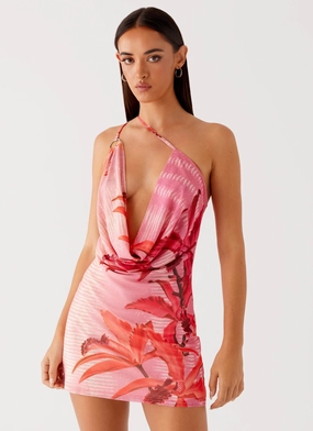 Bohemian Bliss Mesh Mini Dress - Tropical Pink Print Modern Finish Light Rhythm