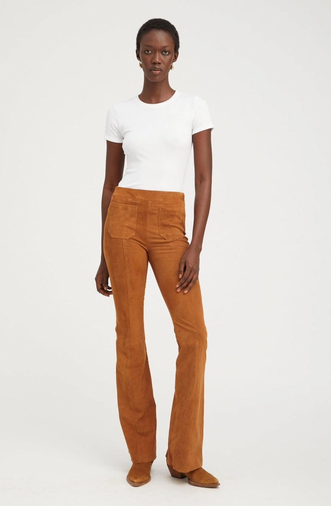 Outdoor Comfort Fit Dark Cognac Suede Patch Pockets Super Flare Pants