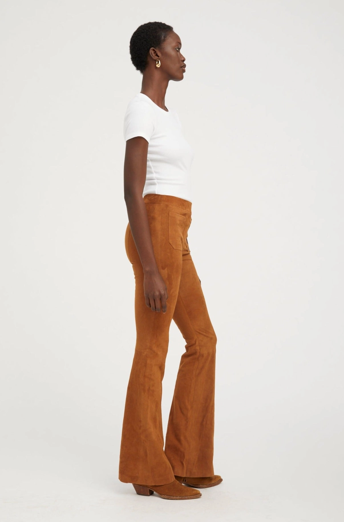 Dark Cognac Suede Patch Pockets Super Flare Pants Versatile Look CompressionSupport