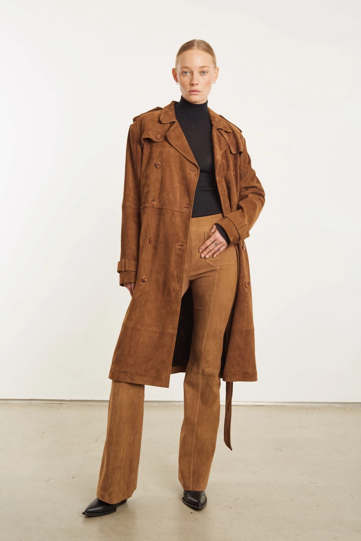 Dark Cognac Suede Patch Pockets Super Flare Pants Chilly Weather Fit