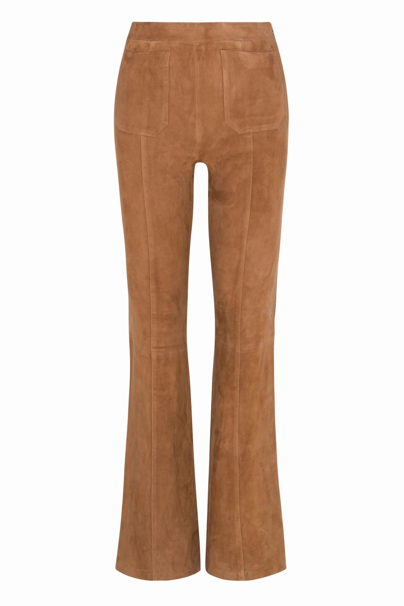 ElasticWaistband Quick Release Closure Dark Cognac Suede Patch Pockets Super Flare Pants