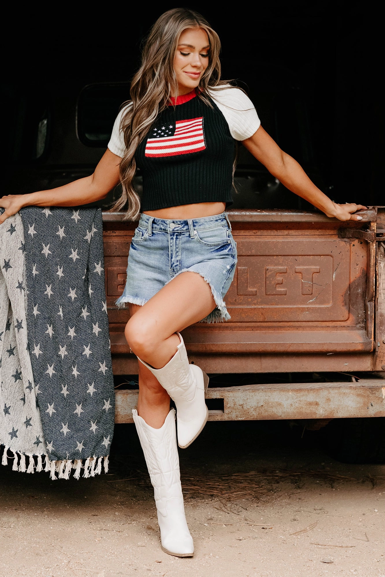 Starlet Style USA Flag Sweater Top (Black/White) SoftTouchFinish Double Layered Hem