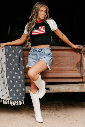 PaddedInsulation Starlet Style USA Flag Sweater Top (Black/White)