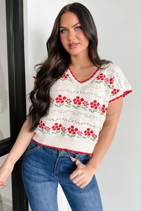 Knit To Perfection Floral Knit Sweater Vest (Ivory) VentilatedArmholes
