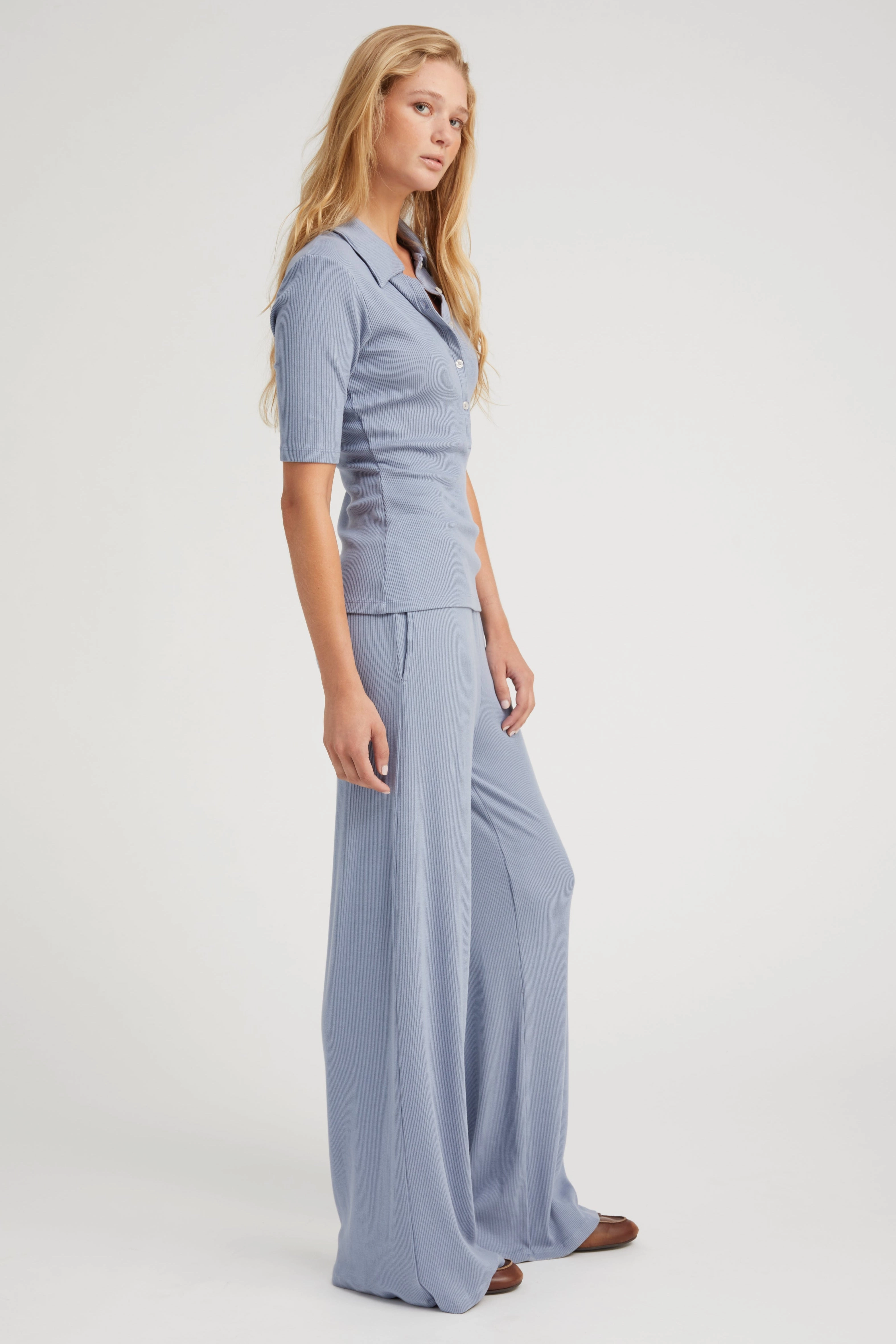 AntiSnagYarnProcessing Steel Blue Rib Mid Sleeve Polo