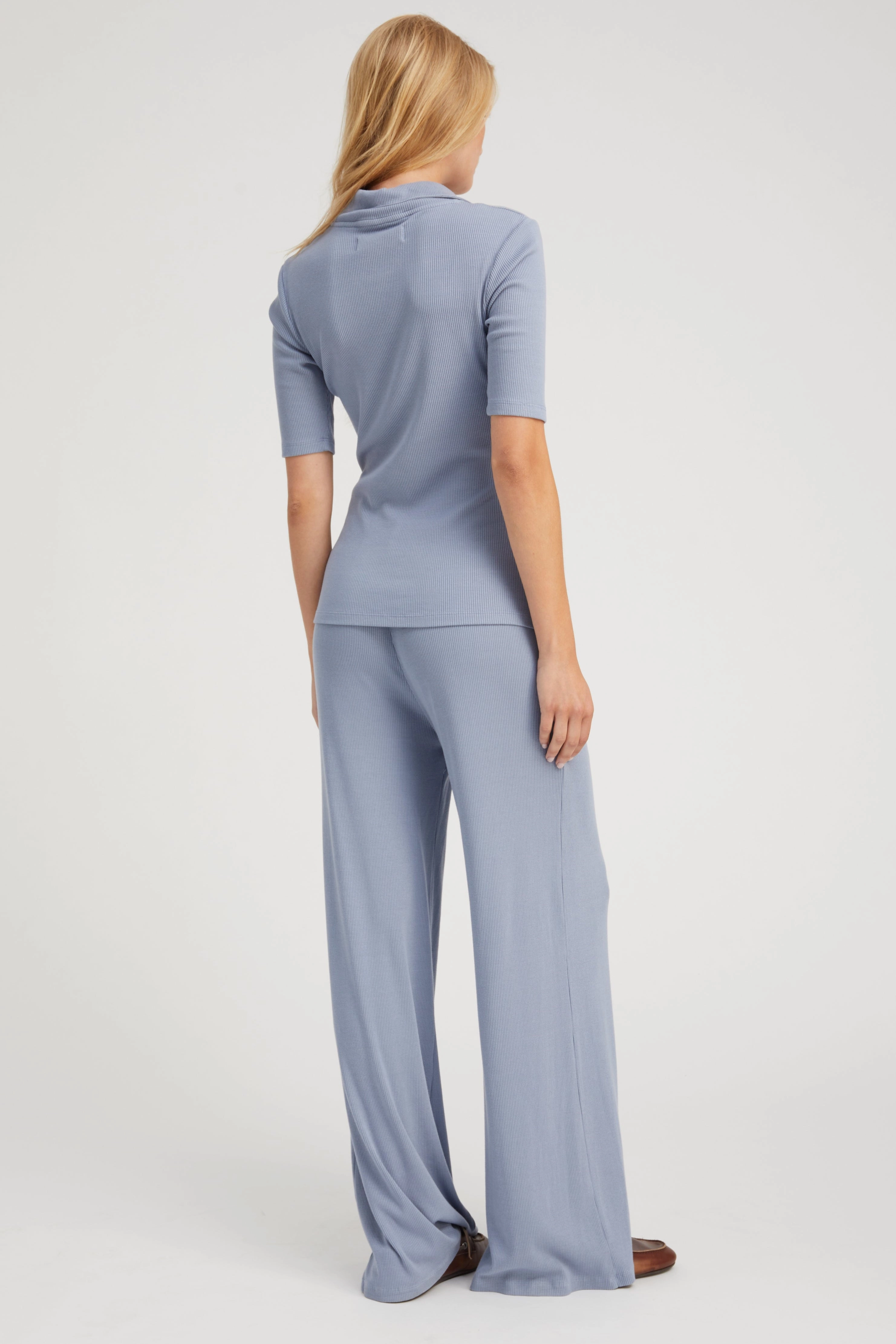 Steel Blue Rib Mid Sleeve Polo MultiPanelBreathability Elastic Edge Binding