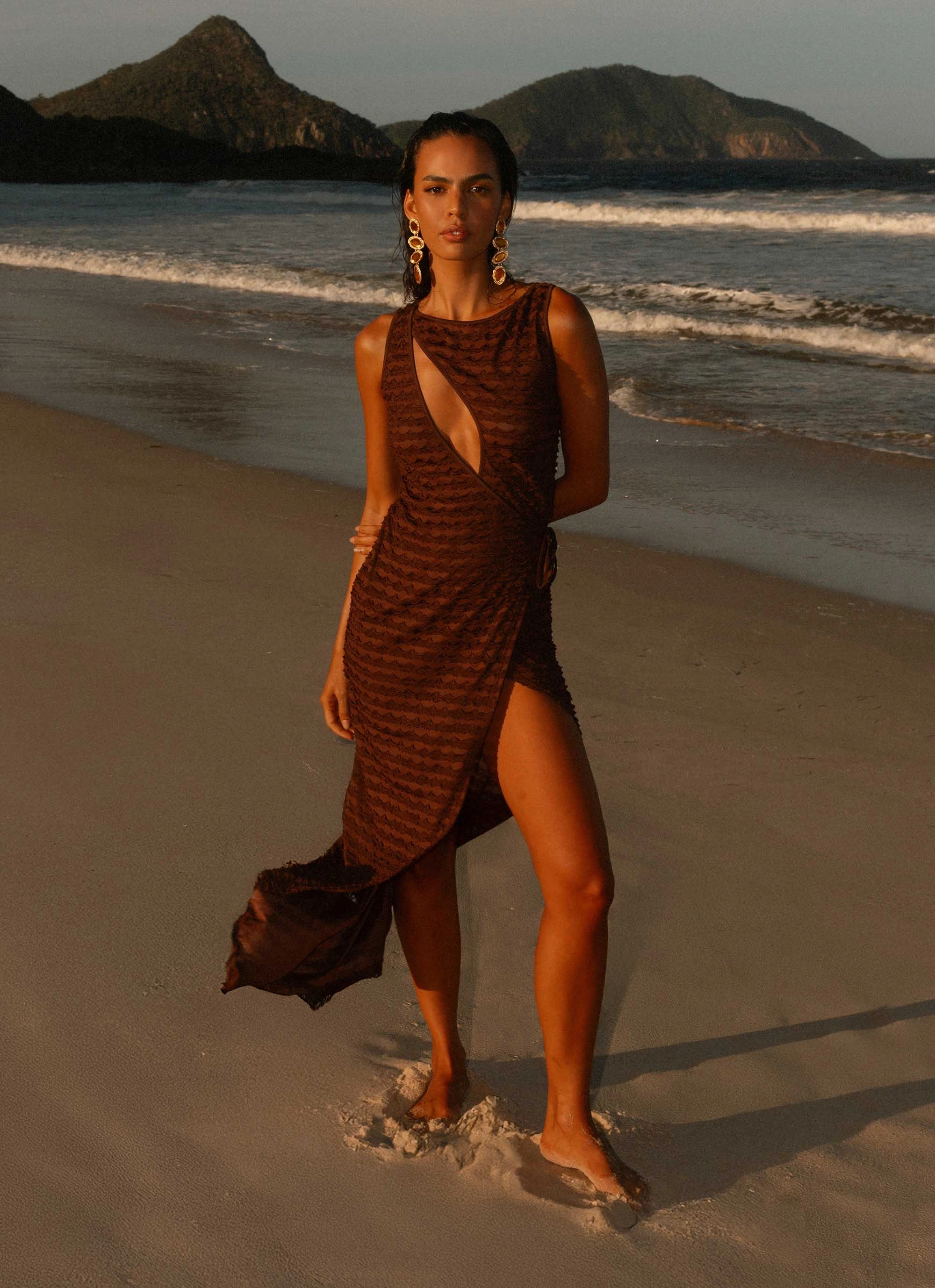 Fringe-Detail Texture Style Sterling Wrap Maxi Dress - Chocolate