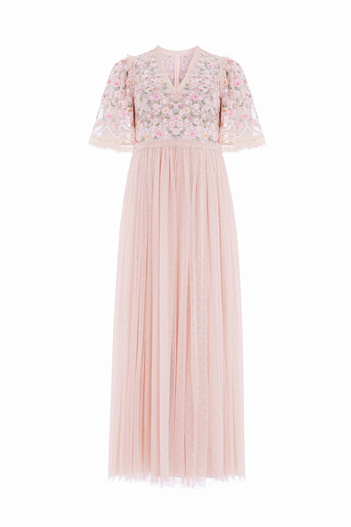Satin-Sleeve Rosie Lace Bodice Short Sleeve V-Neck Ankle Gown