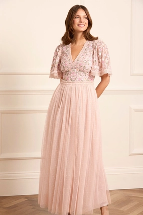 Rosie Lace Bodice Short Sleeve V-Neck Ankle Gown Polished look dress Relax Flex