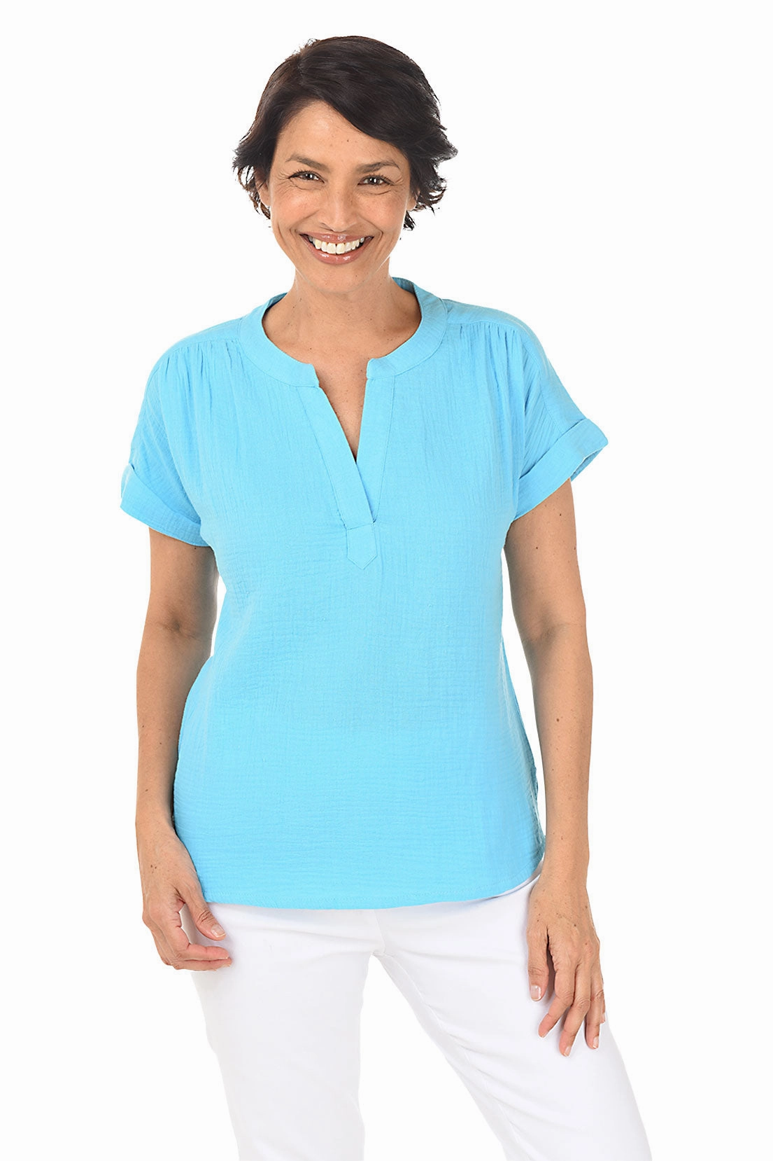 Bubble Gauze Rolled Short Sleeve Blouse Reinforced Hemline